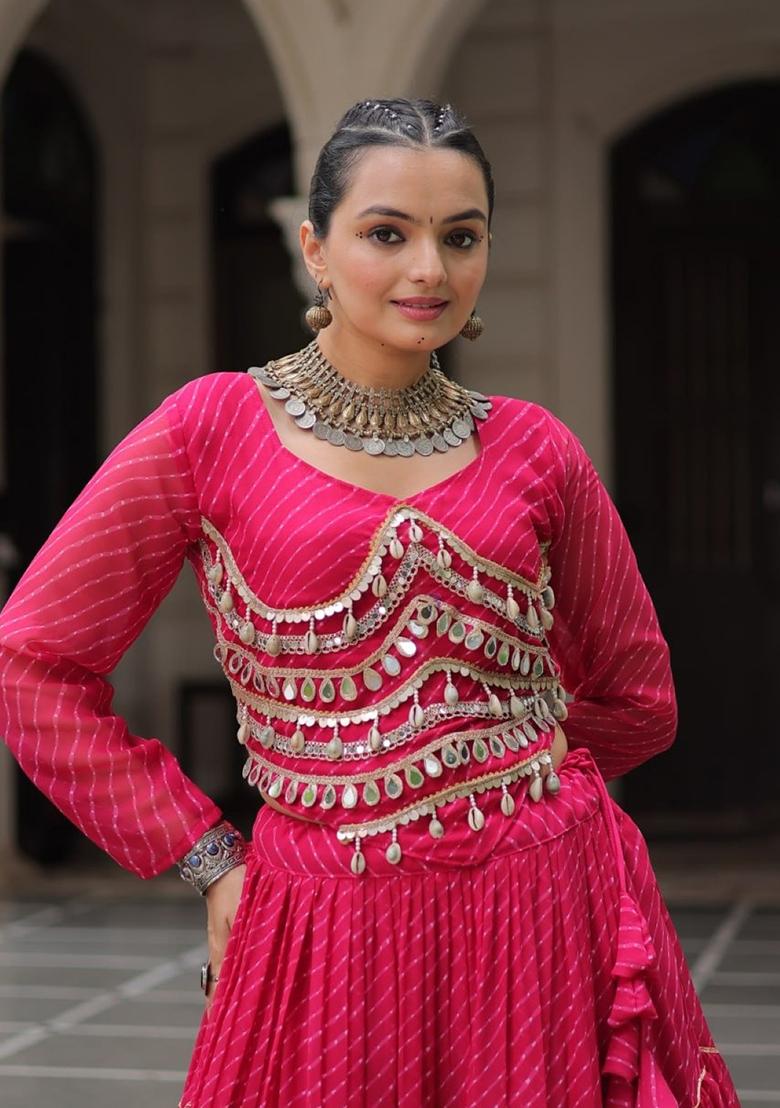 Pink Lehariya Georgette Lehenga Set - Indya