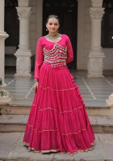 Pink Lehariya Georgette Chaniya Choli Set For Navratri And Garba