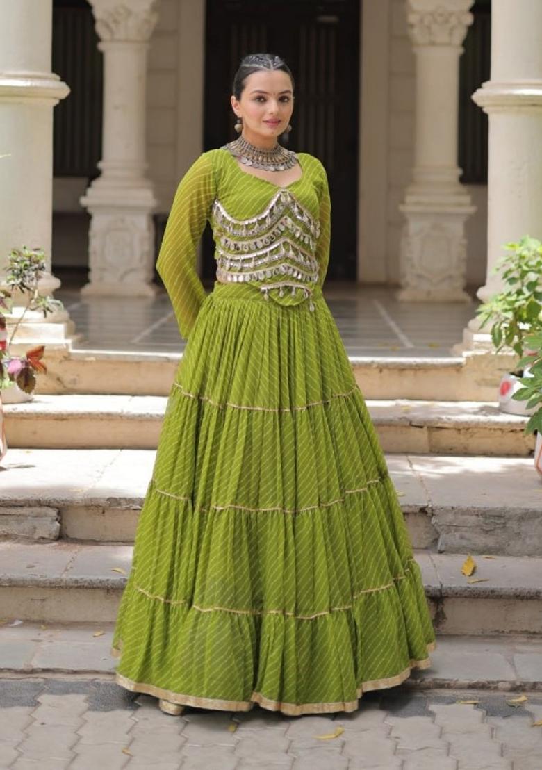 Green Lehariya Georgette Lehenga Set - Indya