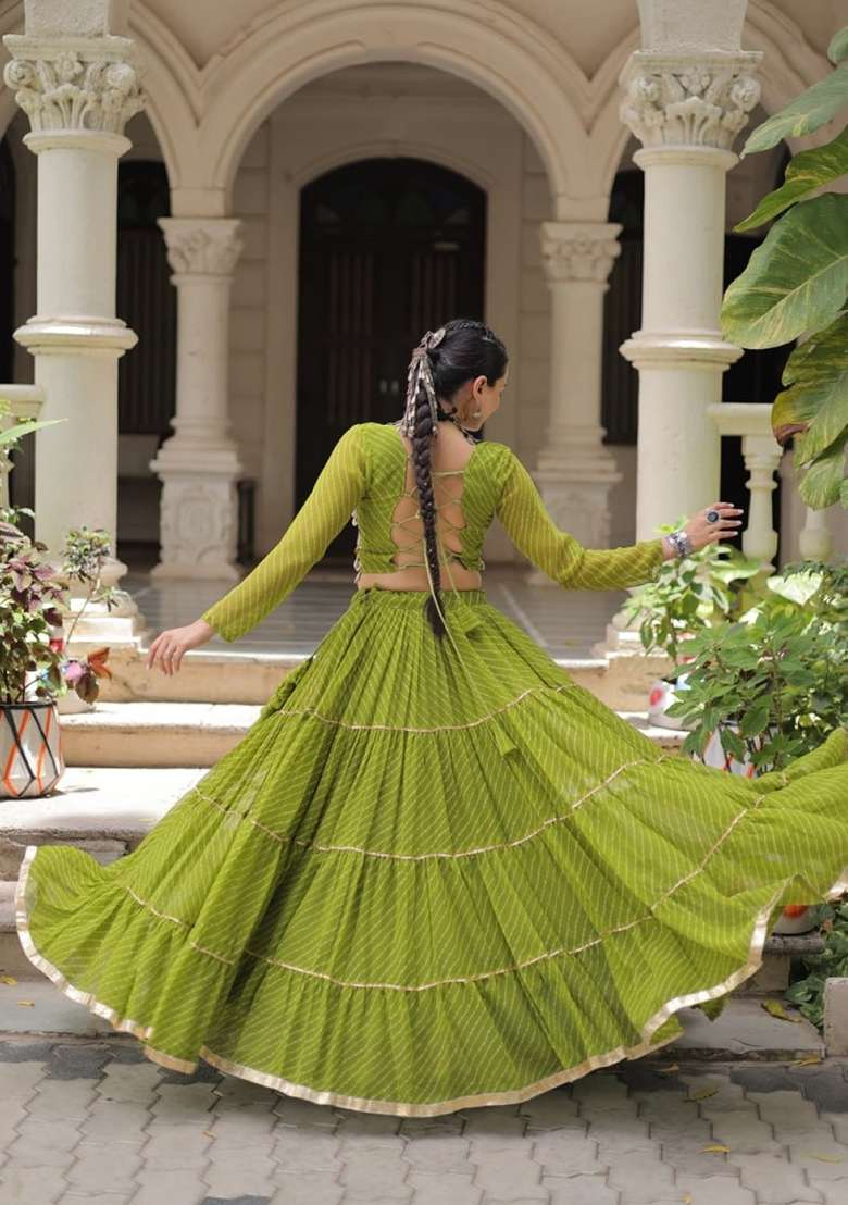 Green Lehariya Georgette Chaniya Choli Set For Navratri And Garba - Indya