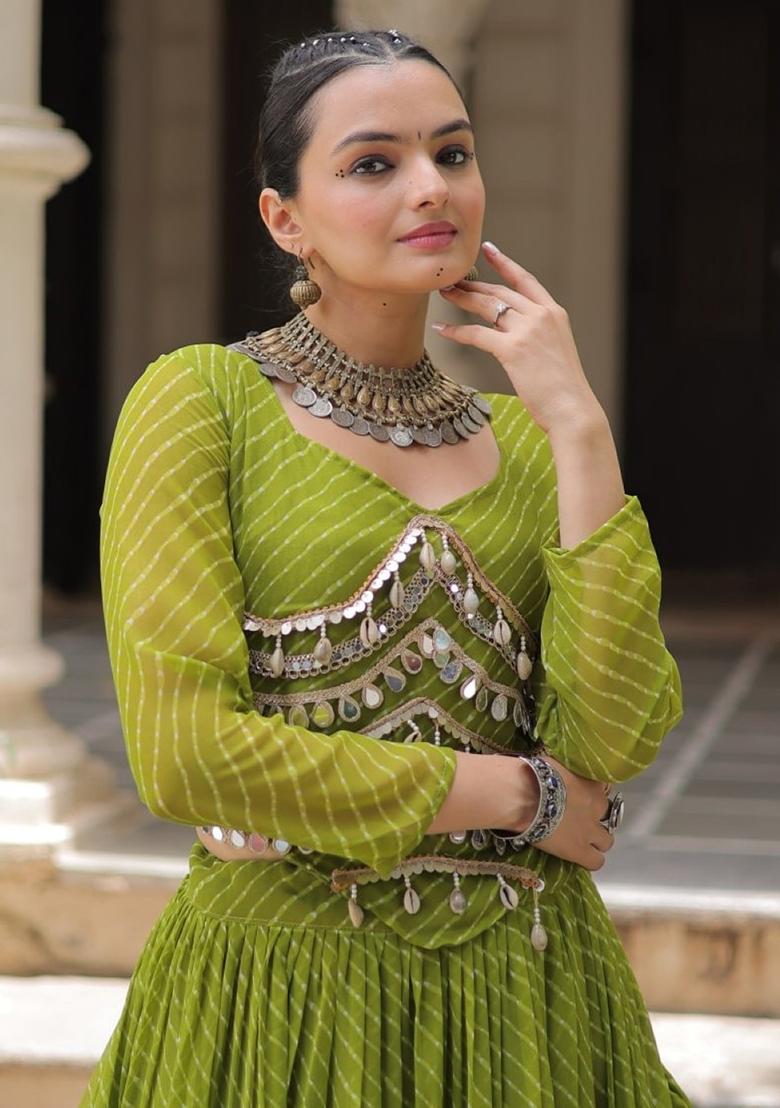 Green Lehariya Georgette Lehenga Set - Indya