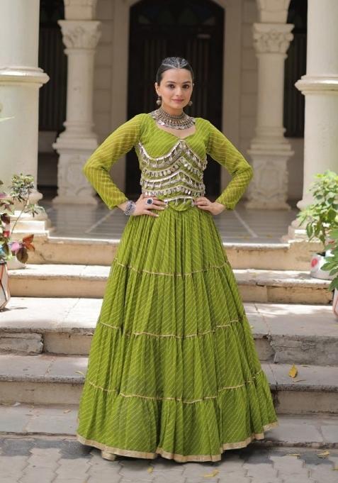 Green Lehariya Georgette Chaniya Choli Set For Navratri And Garba