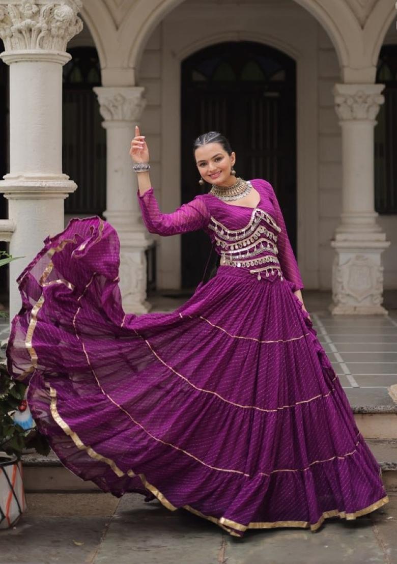 Purple Lehariya Georgette Lehenga Set - Indya