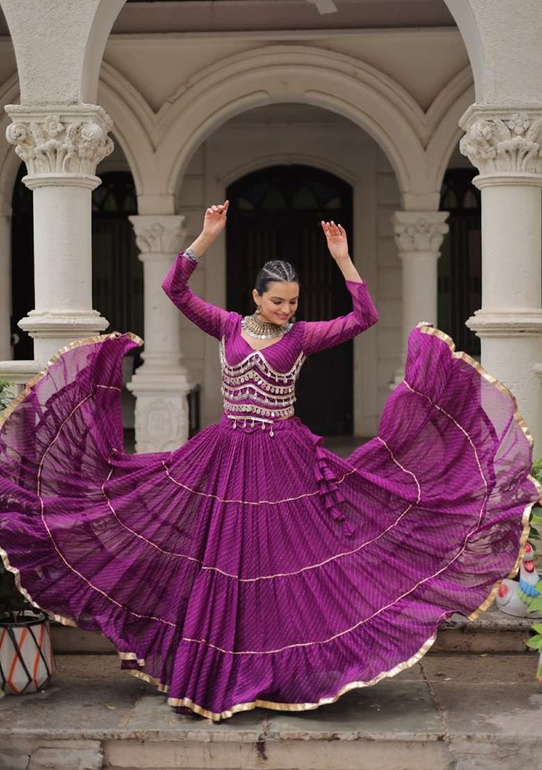 Purple Lehariya Georgette Chaniya Choli Set For Navratri And Garba - Indya