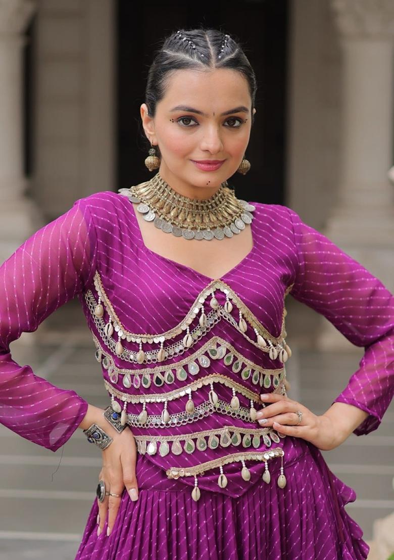 Purple Lehariya Georgette Lehenga Set - Indya