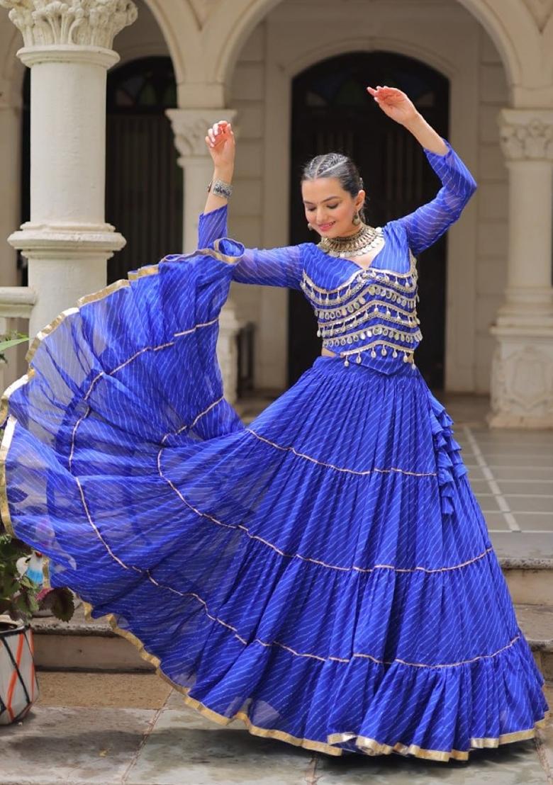 Blue Lehariya Georgette Lehenga Set - Indya