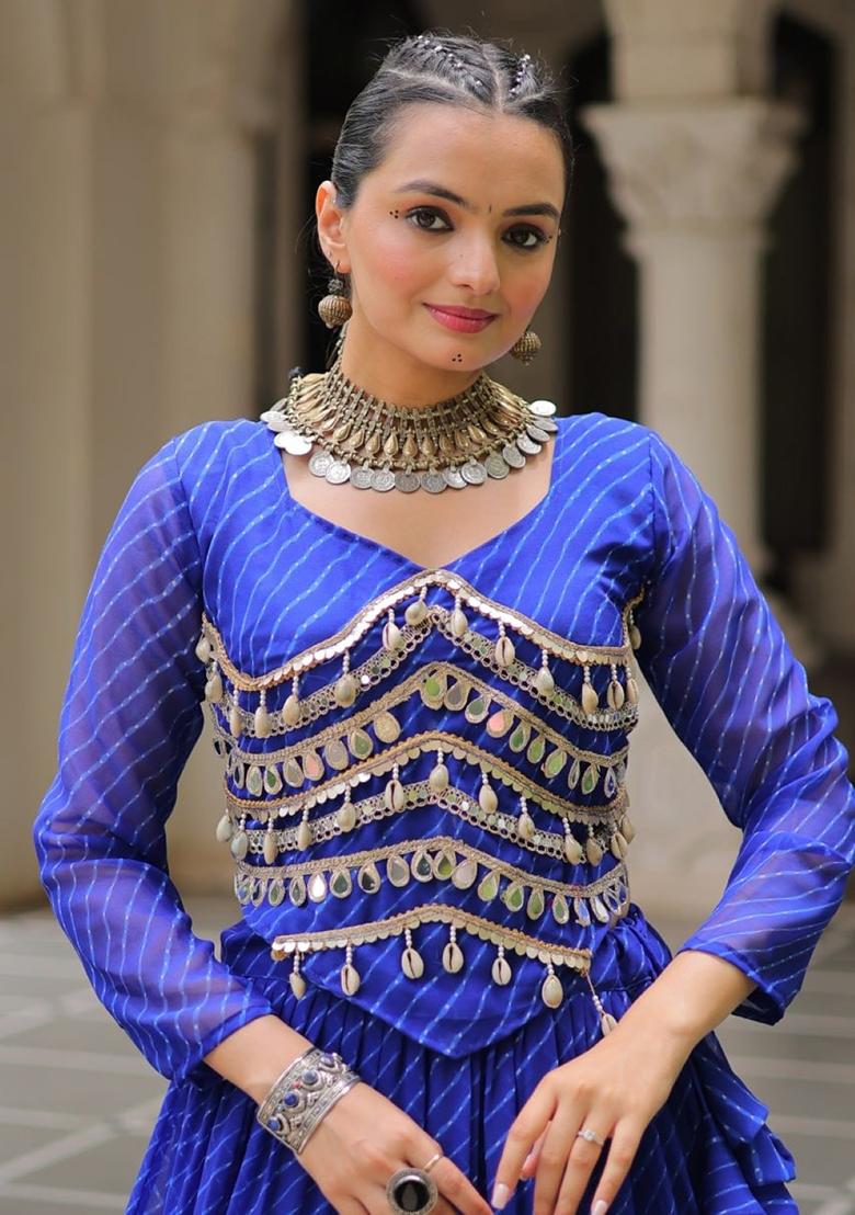 Blue Lehariya Georgette Lehenga Set - Indya