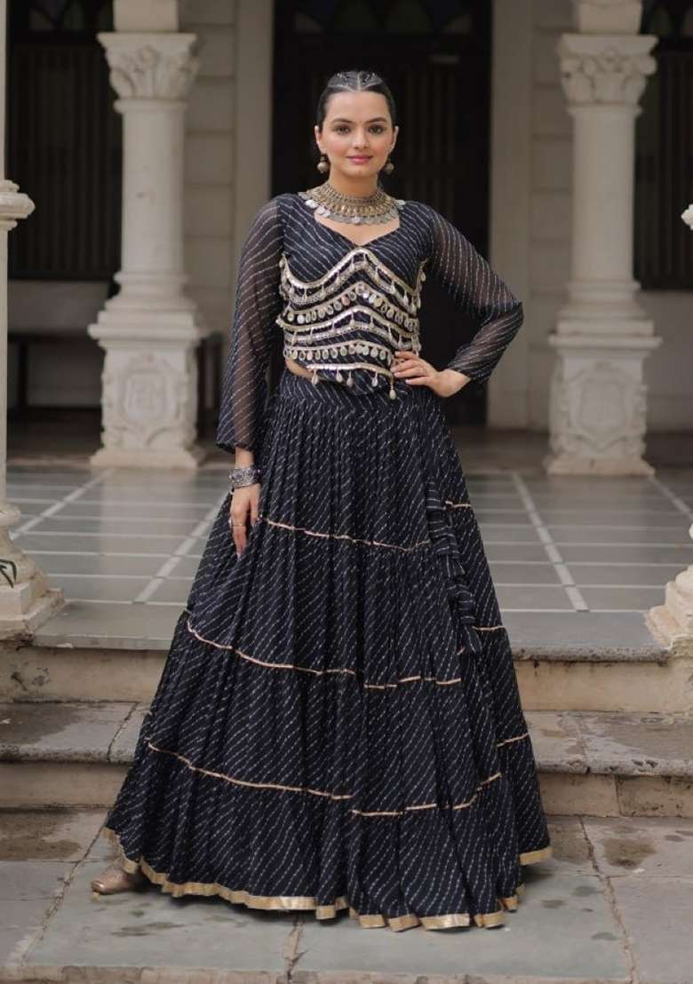 Black Lehariya Georgette Chaniya Choli Set For Navratri And Garba - Indya
