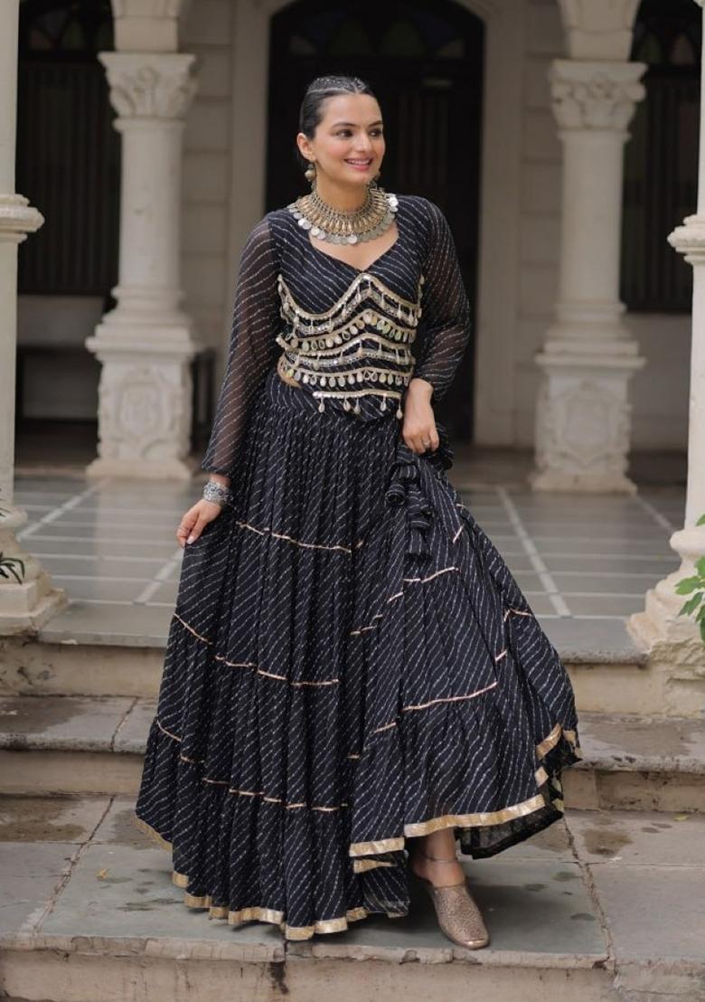 Black Lehariya Georgette Lehenga Set - Indya