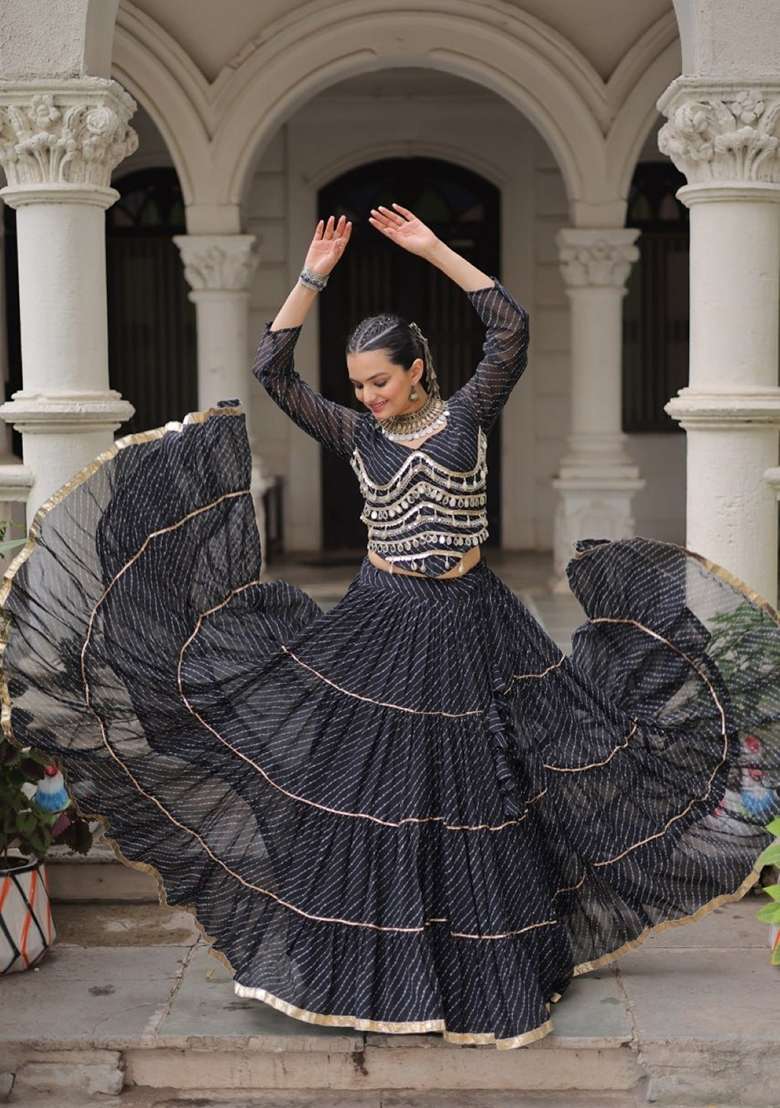 Black Lehariya Georgette Chaniya Choli Set For Navratri And Garba - Indya