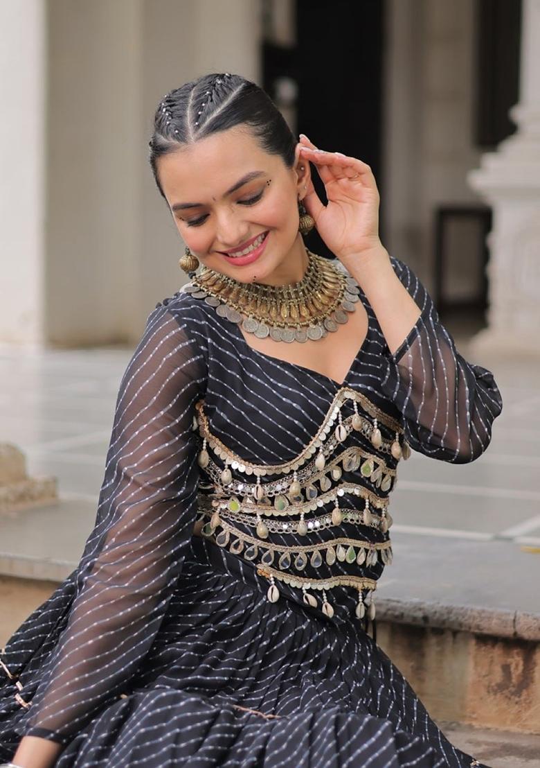 Black Lehariya Georgette Lehenga Set - Indya