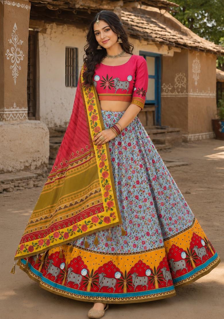 Grey Printed Cotton Lehenga Set - Indya