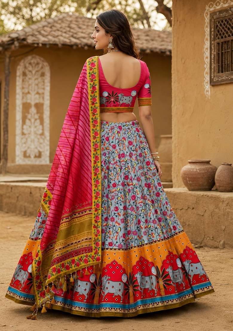 Grey Printed Cotton Lehenga Set for Diwali and Festive Wear - Indya