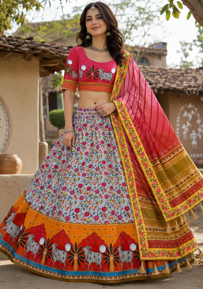 Grey Printed Cotton Lehenga Set - Indya