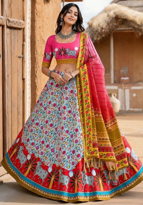 Grey Printed Cotton Lehenga Set