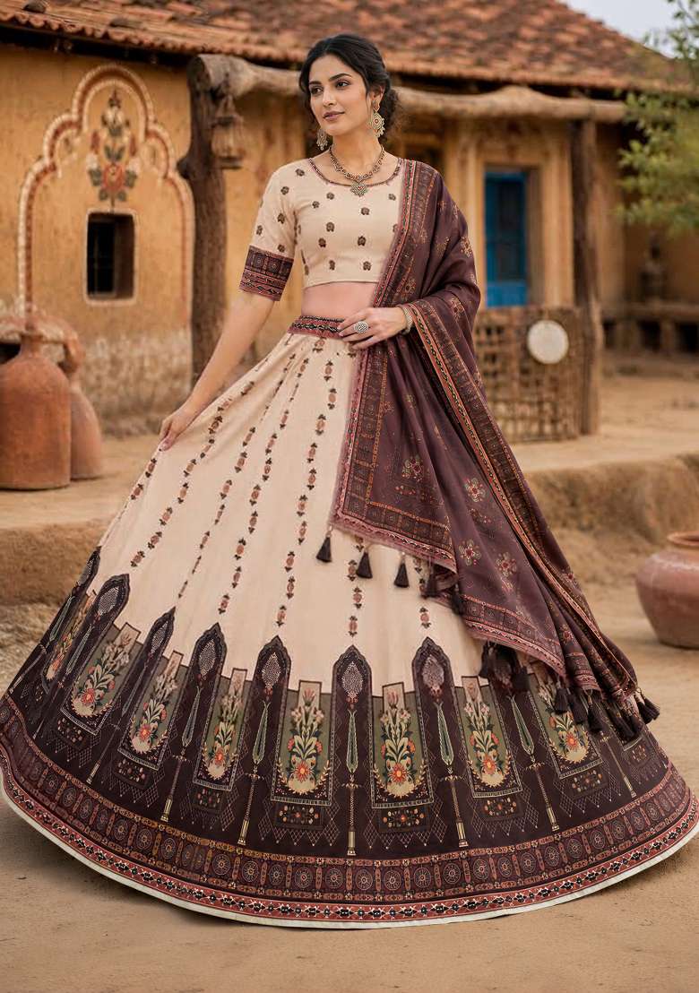 Cream Printed Cotton Lehenga Set for Diwali and Festive Wear - Indya