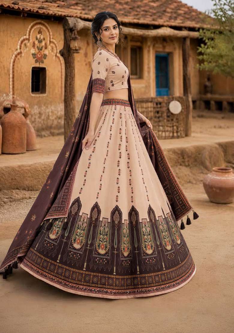 Cream Printed Cotton Lehenga Set for Diwali and Festive Wear - Indya