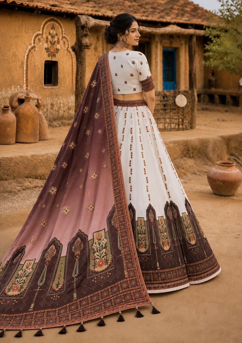 Cream Printed Cotton Lehenga Set - Indya