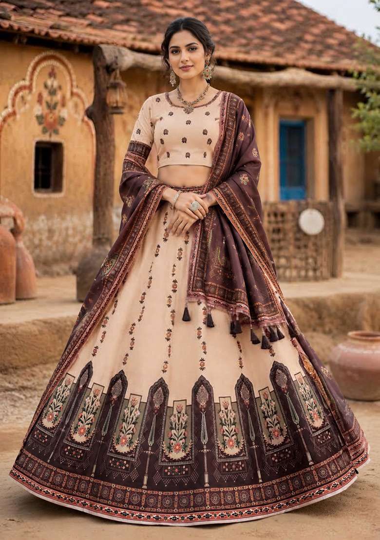 Cream Printed Cotton Lehenga Set for Diwali and Festive Wear - Indya