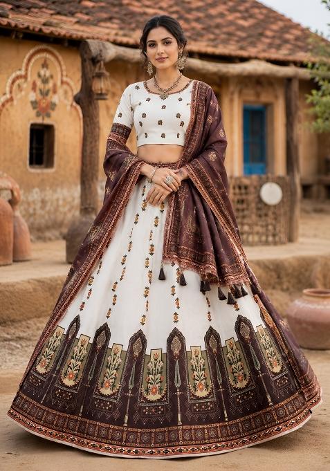 Cream Printed Cotton Lehenga Set
