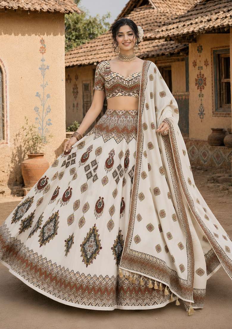 Cream Cotton Lehenga Set with Printed for Diwali | Wedding & Festive Wear - Indya