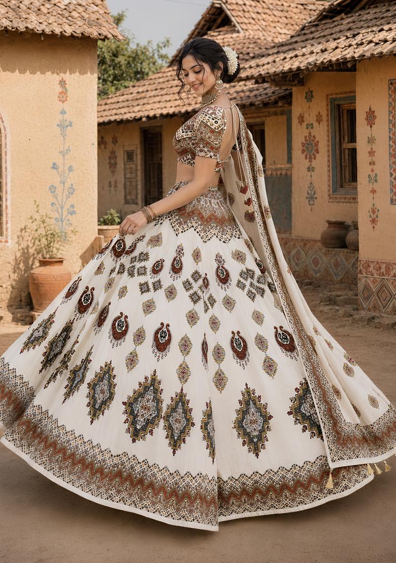 Cream Printed Cotton Lehenga Set - Indya