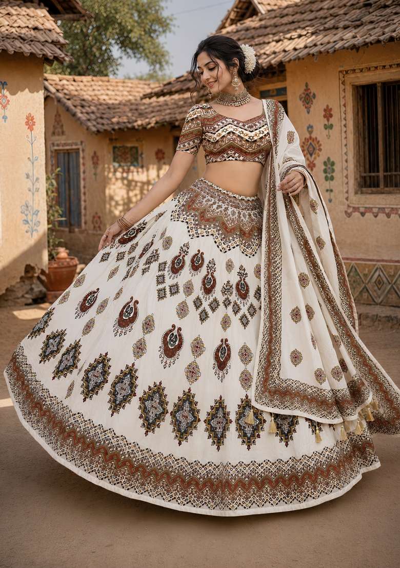 Cream Cotton Lehenga Set with Printed for Diwali | Wedding & Festive Wear - Indya