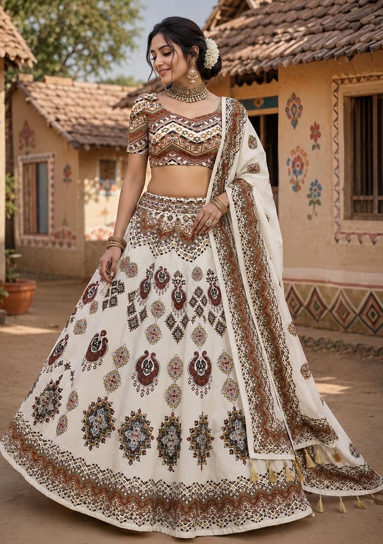 Cream Printed Cotton Lehenga Set - Indya