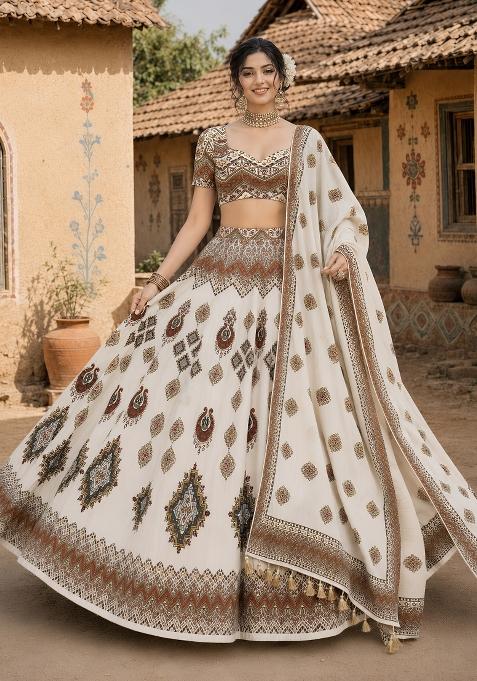 Cream Printed Cotton Lehenga Set