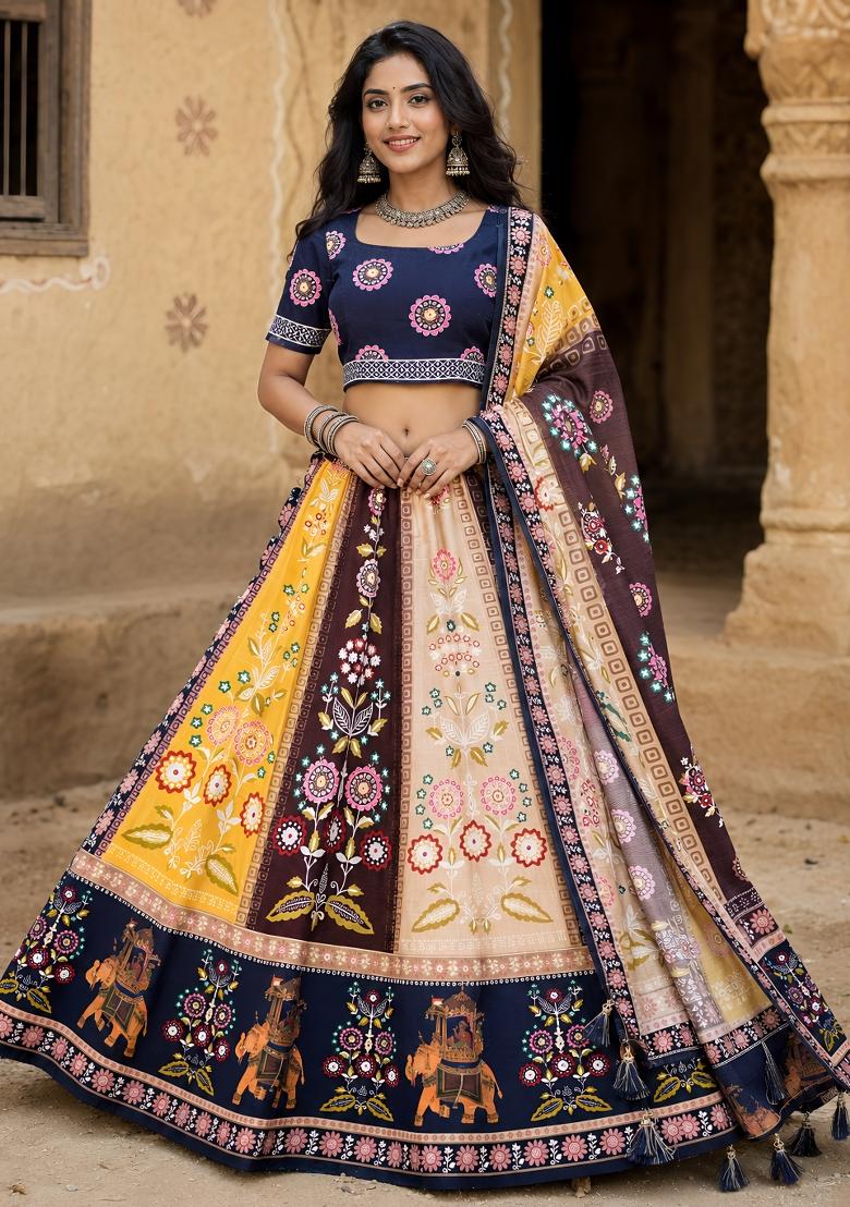 Multicolor Printed Cotton Lehenga Set - Indya