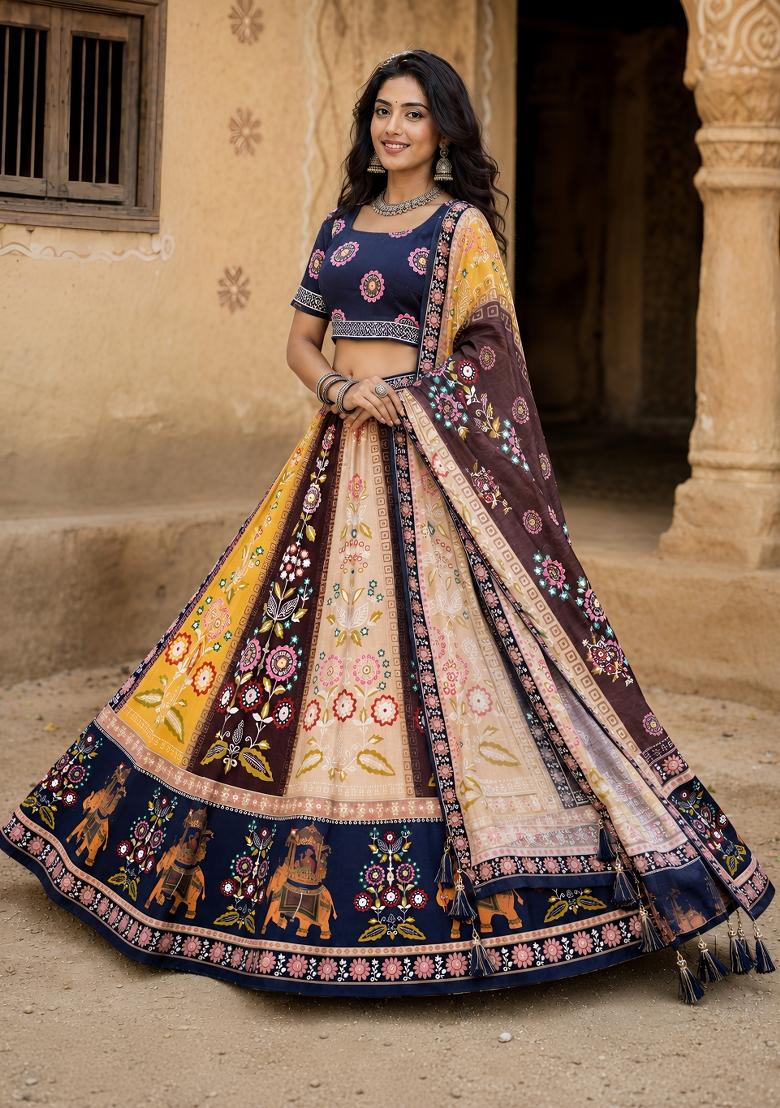 Multicolor Printed Cotton Lehenga Set - Indya