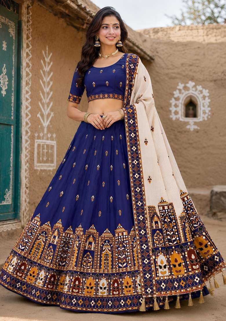 Blue Cotton Lehenga Set with Printed for Diwali | Wedding & Festive Wear - Indya