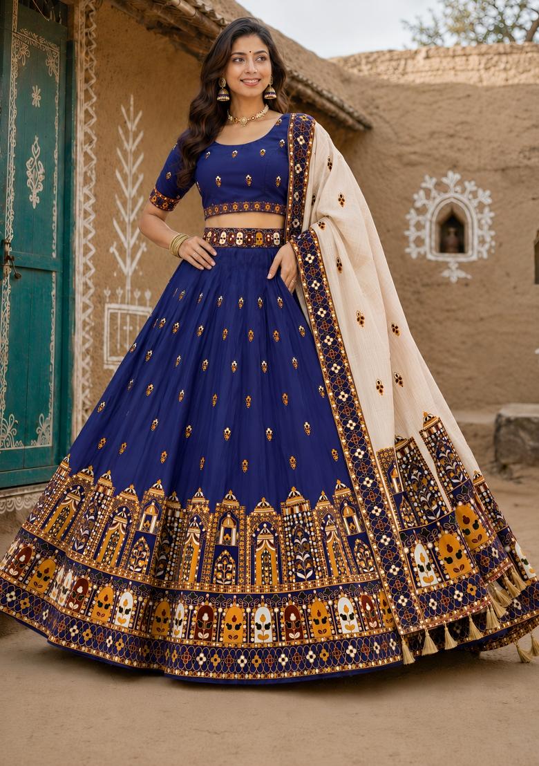 Blue Printed Cotton Lehenga Set - Indya