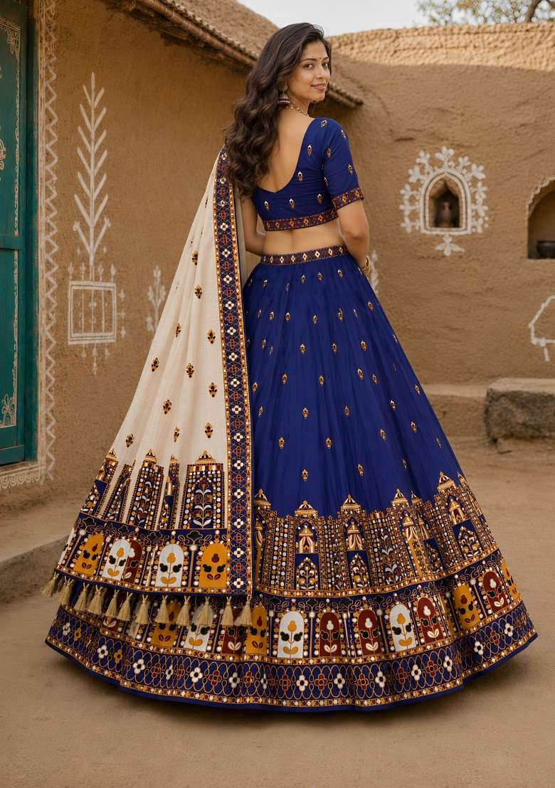 Blue Cotton Lehenga Set with Printed for Diwali | Wedding & Festive Wear - Indya