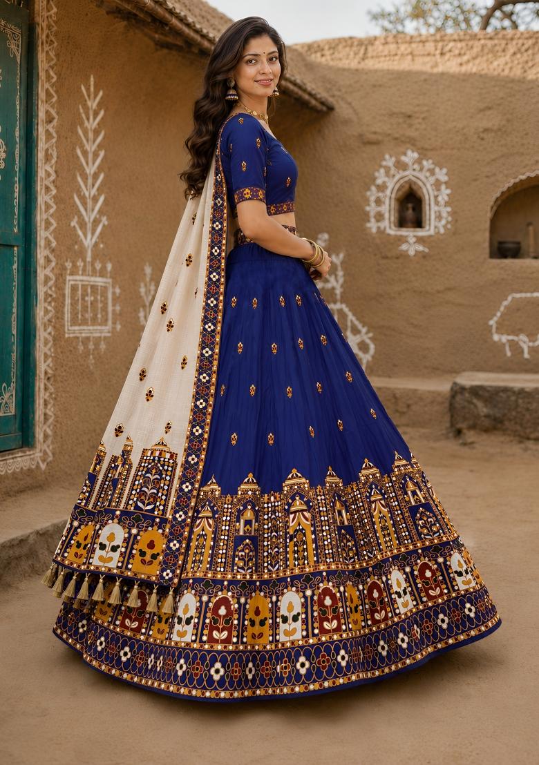Blue Printed Cotton Lehenga Set - Indya