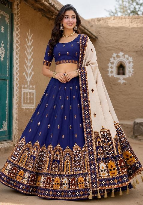 Blue Printed Cotton Lehenga Set