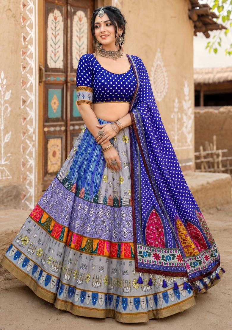Blue Printed Cotton Lehenga Set - Indya