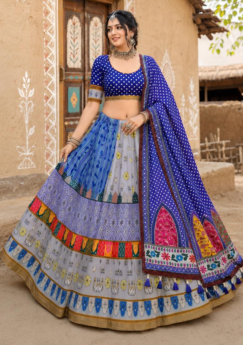 Blue Printed Cotton Lehenga Set - Indya
