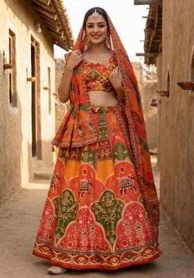 Multicolor Printed Cotton Lehenga Set