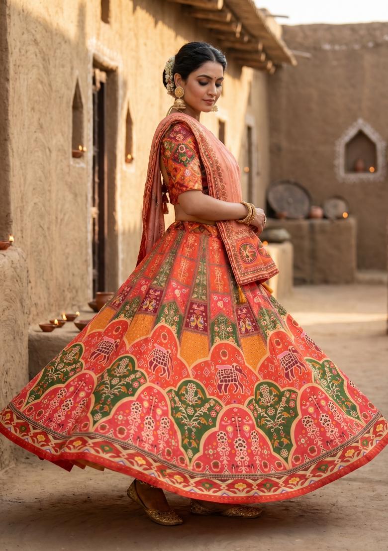 Multicolor Printed Cotton Lehenga Set - Indya