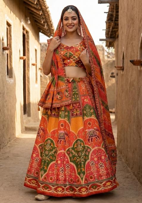 Multicolor Printed Cotton Lehenga Set