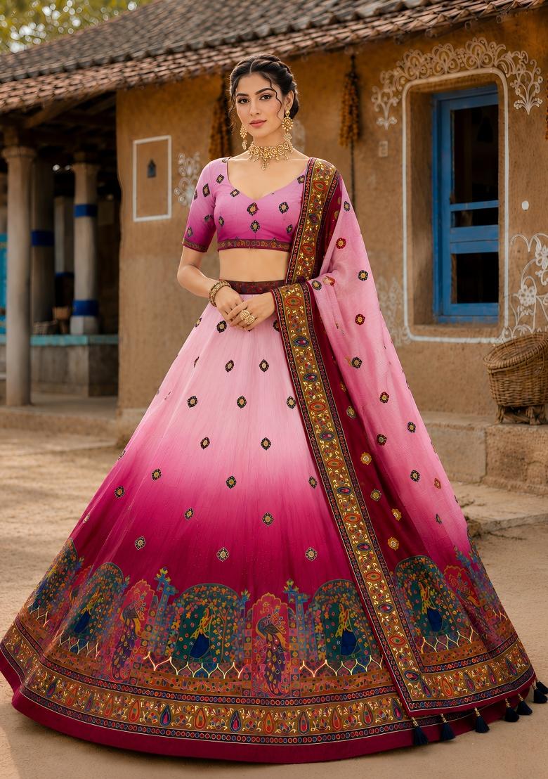 Pink Printed Cotton Lehenga Set - Indya