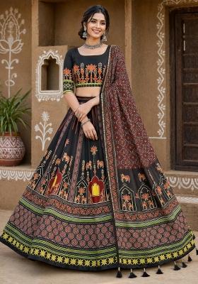 Black Printed Cotton Lehenga Set