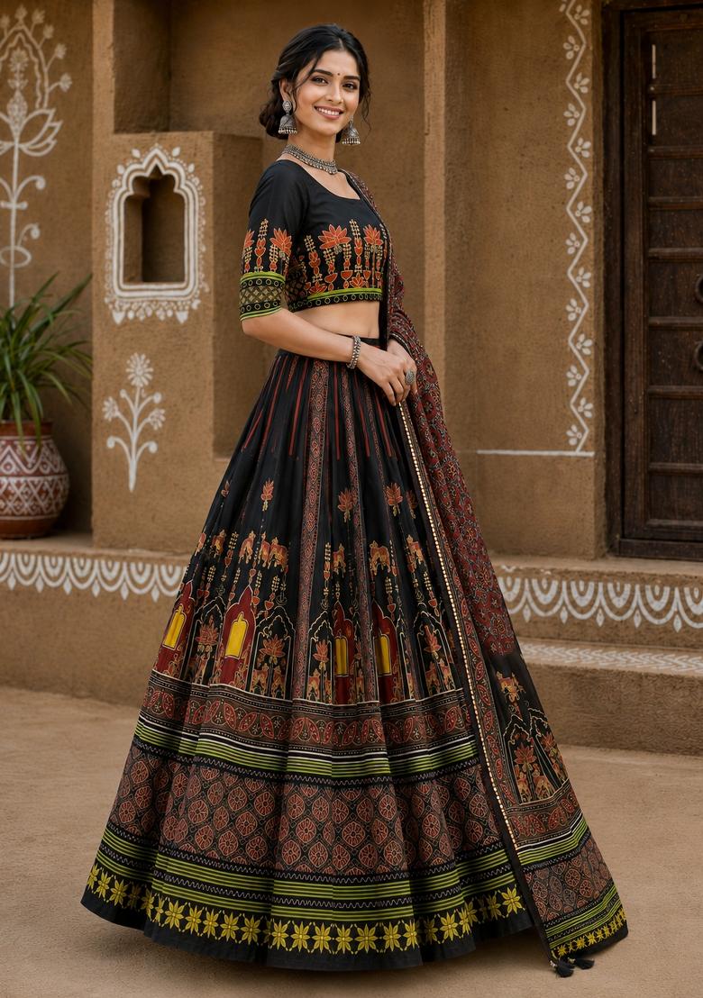 Black Printed Cotton Lehenga Set - Indya
