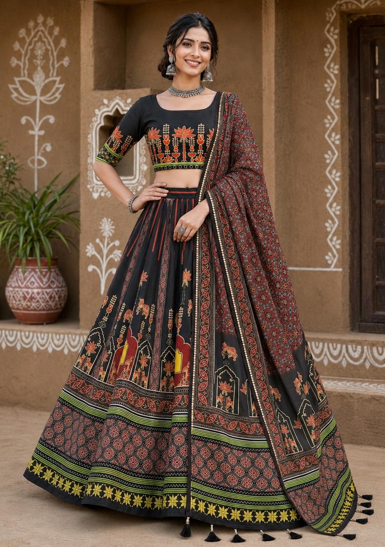 Black Printed Cotton Lehenga Set - Indya
