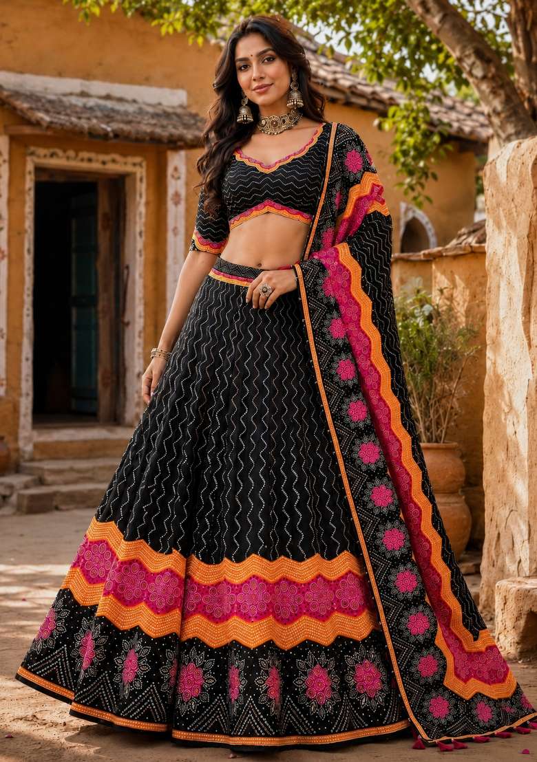 Black Printed Cotton Lehenga Set for Diwali and Festive Wear - Indya