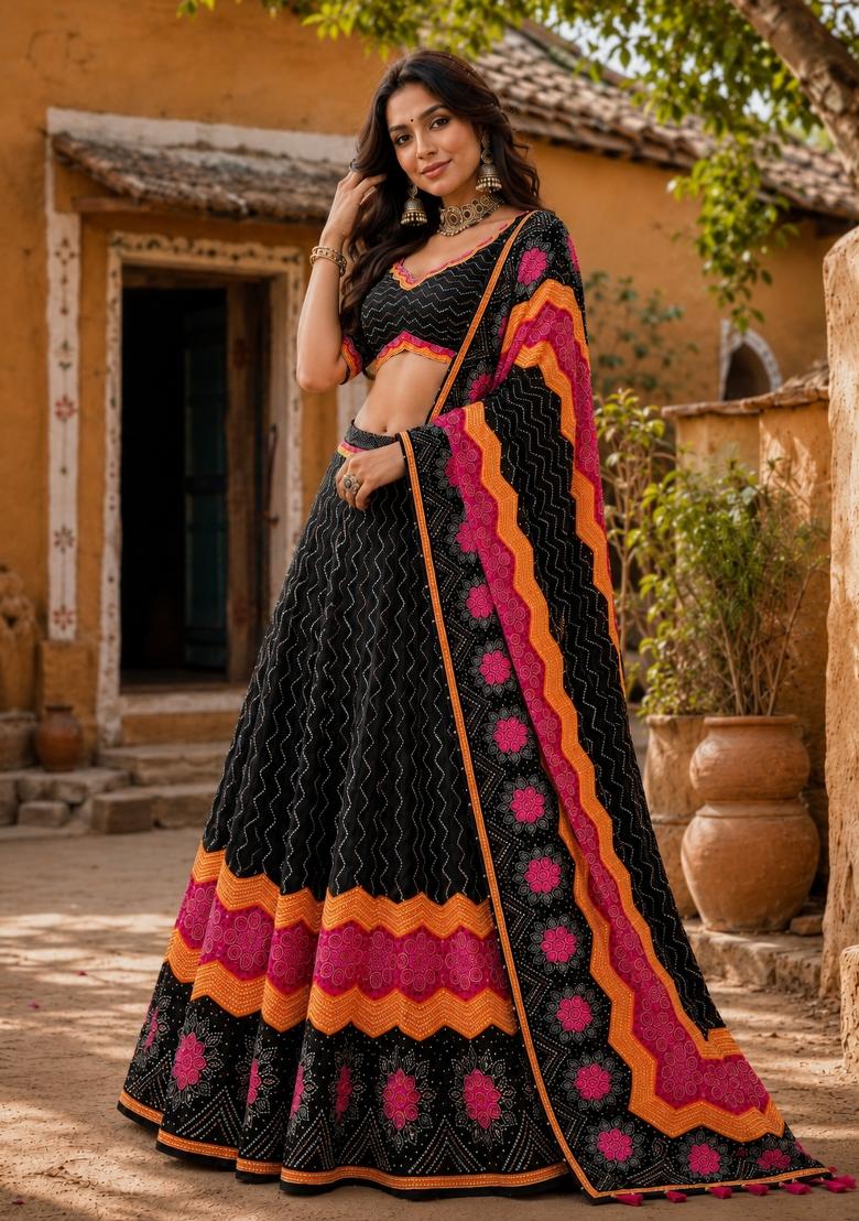 Black Printed Cotton Lehenga Set - Indya