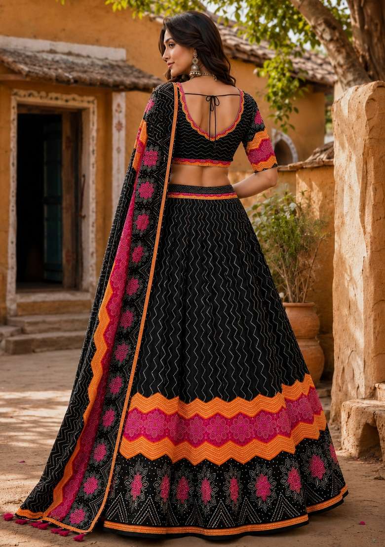 Black Printed Cotton Lehenga Set for Diwali and Festive Wear - Indya