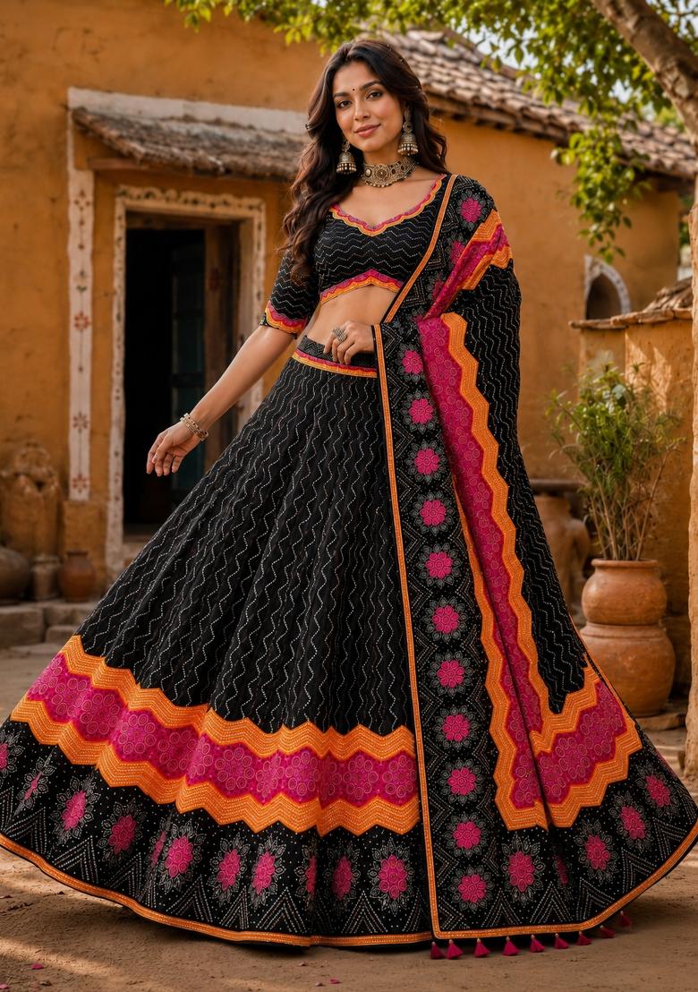 Black Printed Cotton Lehenga Set - Indya