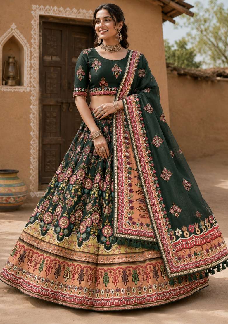 Green Printed Cotton Lehenga Set for Diwali and Festive Wear - Indya